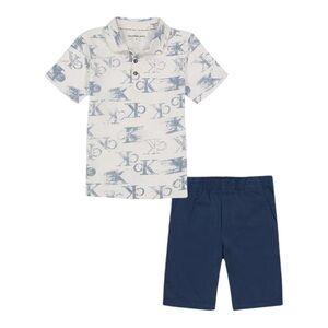 New CALVIN KLEIN Boys Jersey Blue Monogram Print Polo Shirt and Shorts S…